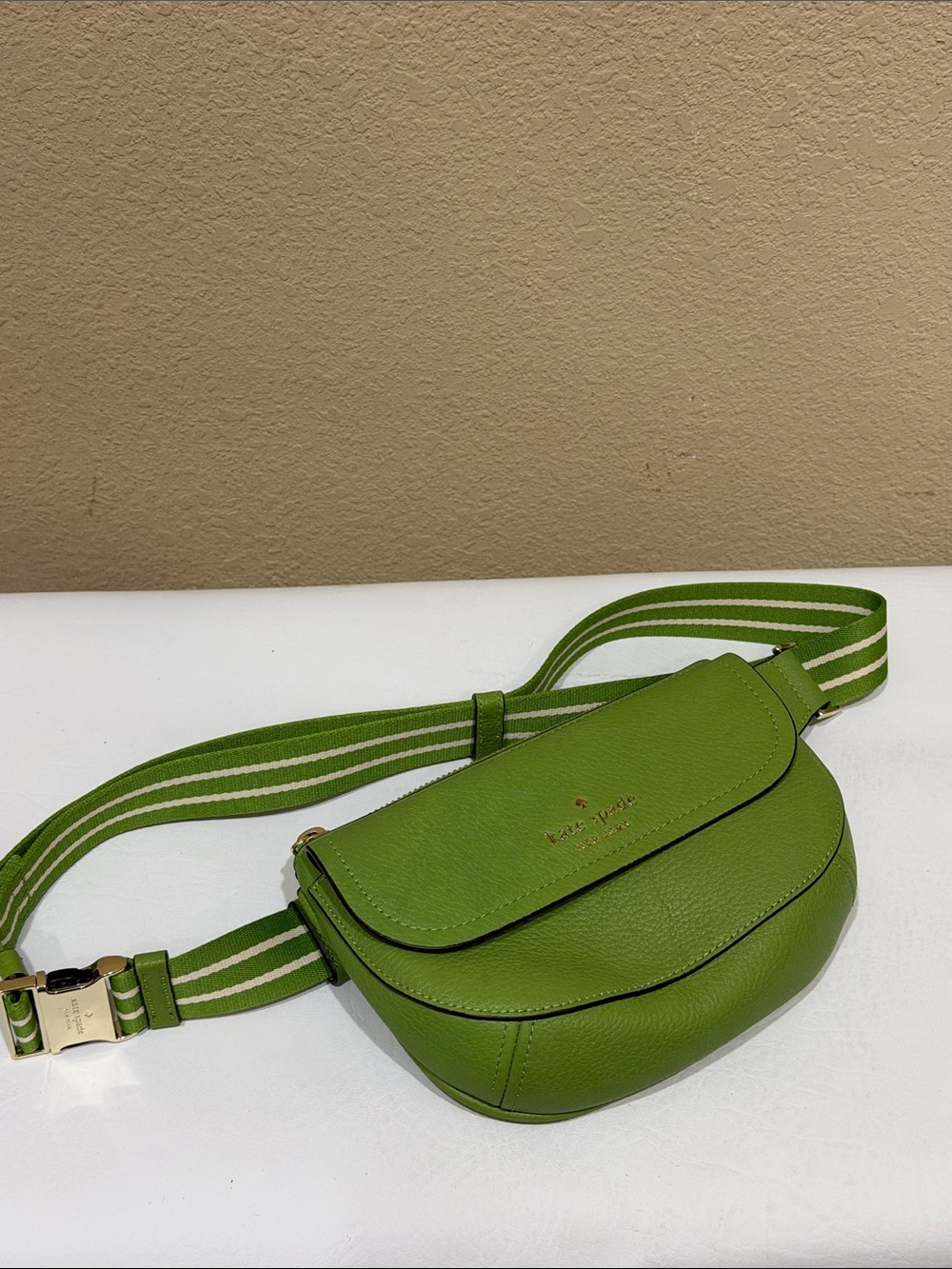 kate spade Green Pebbled Leather Crossbody Belt Bag with Striped Strap